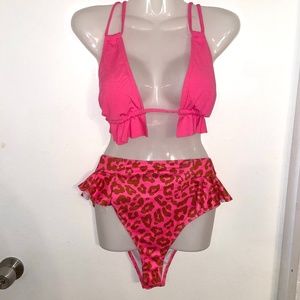 Women High Waisted Swimsuit Ruffle V Neck Bikini Two Pieces Swimwear Size Medium